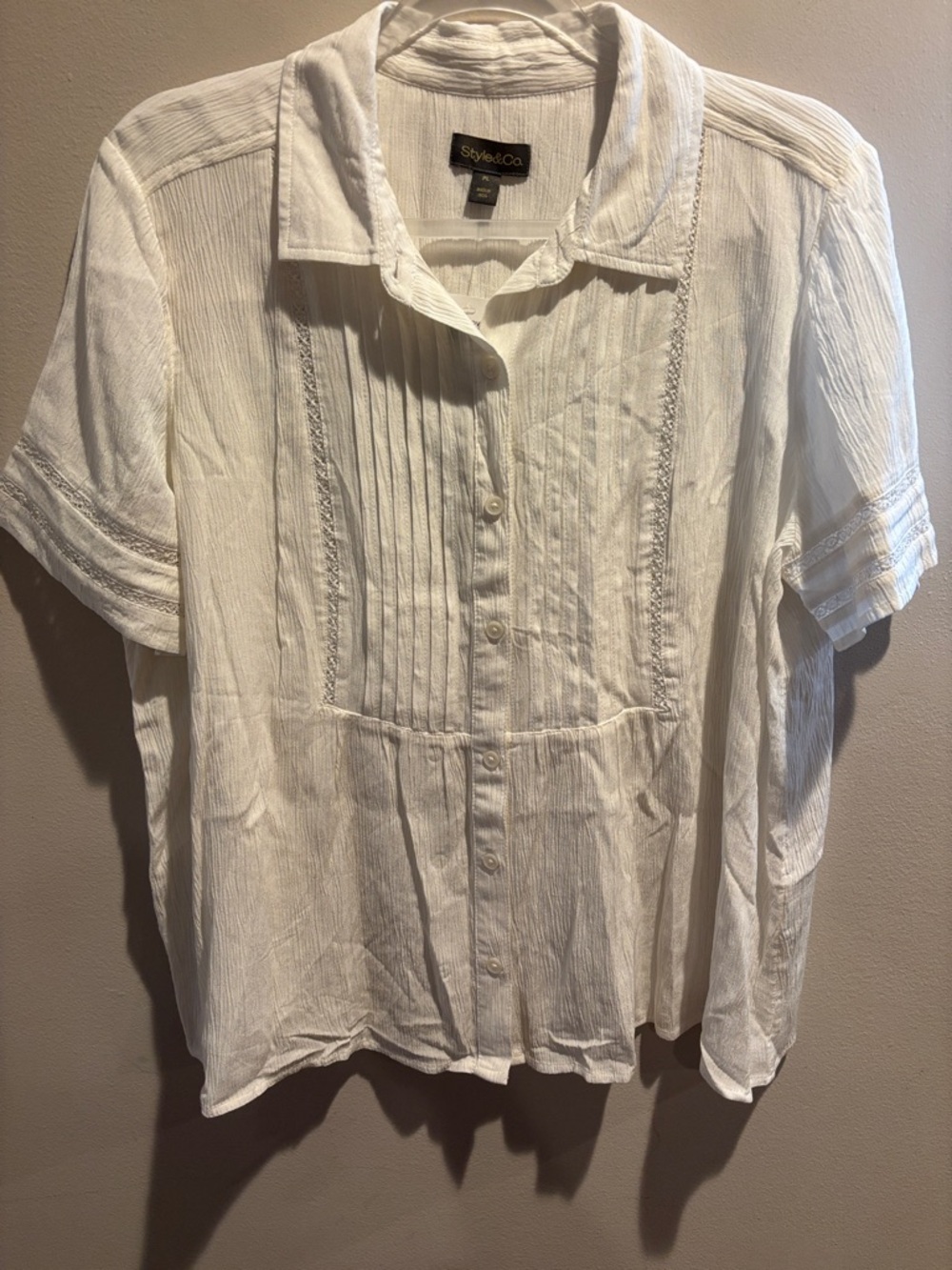 Style & Co. White Pintuck Button-Front Short Sleeve Shirt